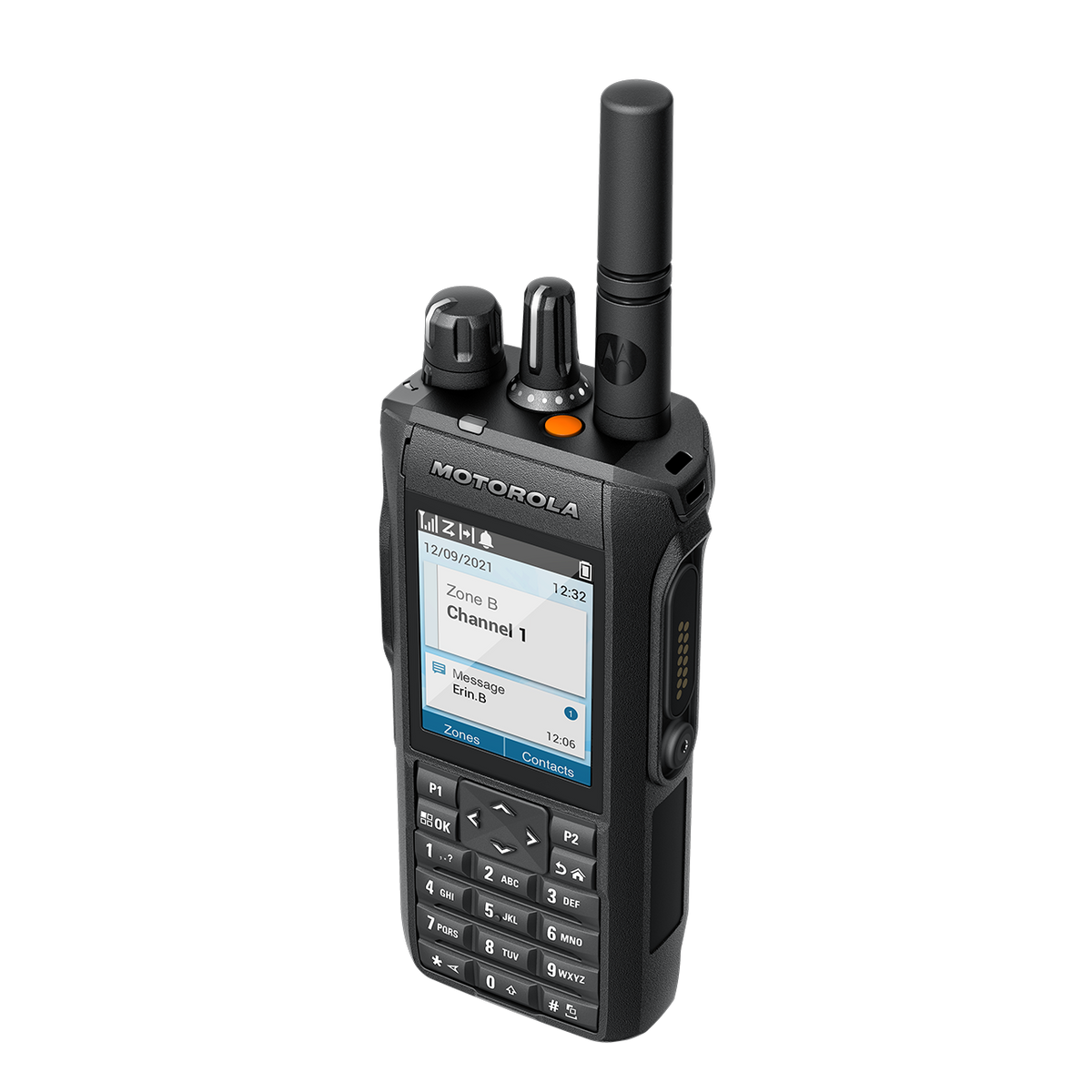 MOTOTRBO R7 full keypad portable two-way radio, three-quarter right view