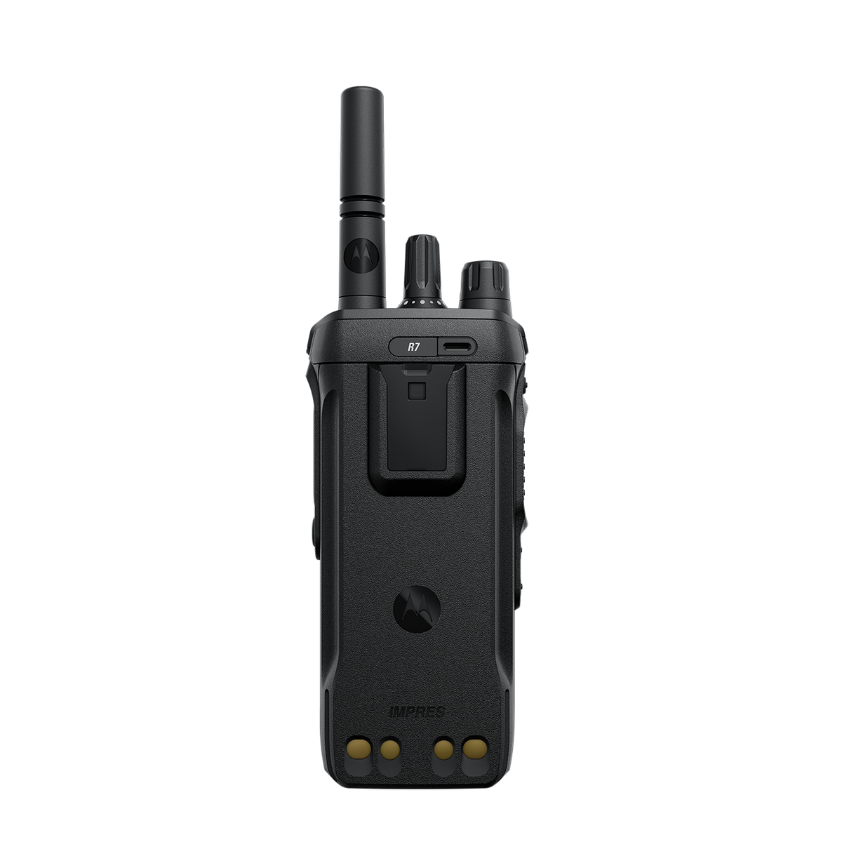 MOTOTRBO R7 portable two-way radio, back view with slim battery