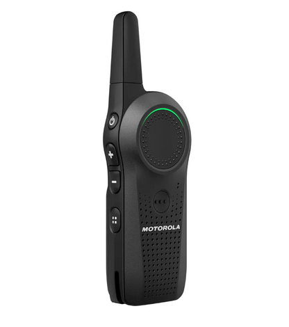 Motorola Curve portable two-way radio, front three-quarter right view with the green status ring lit