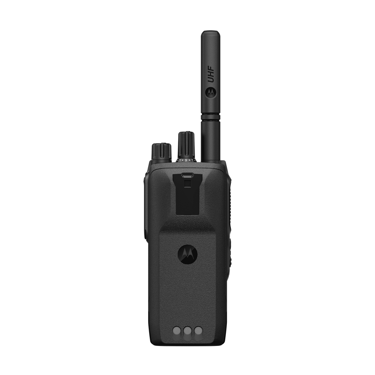 Motorola MOTOTRBO R2 portable two-way radio, back view