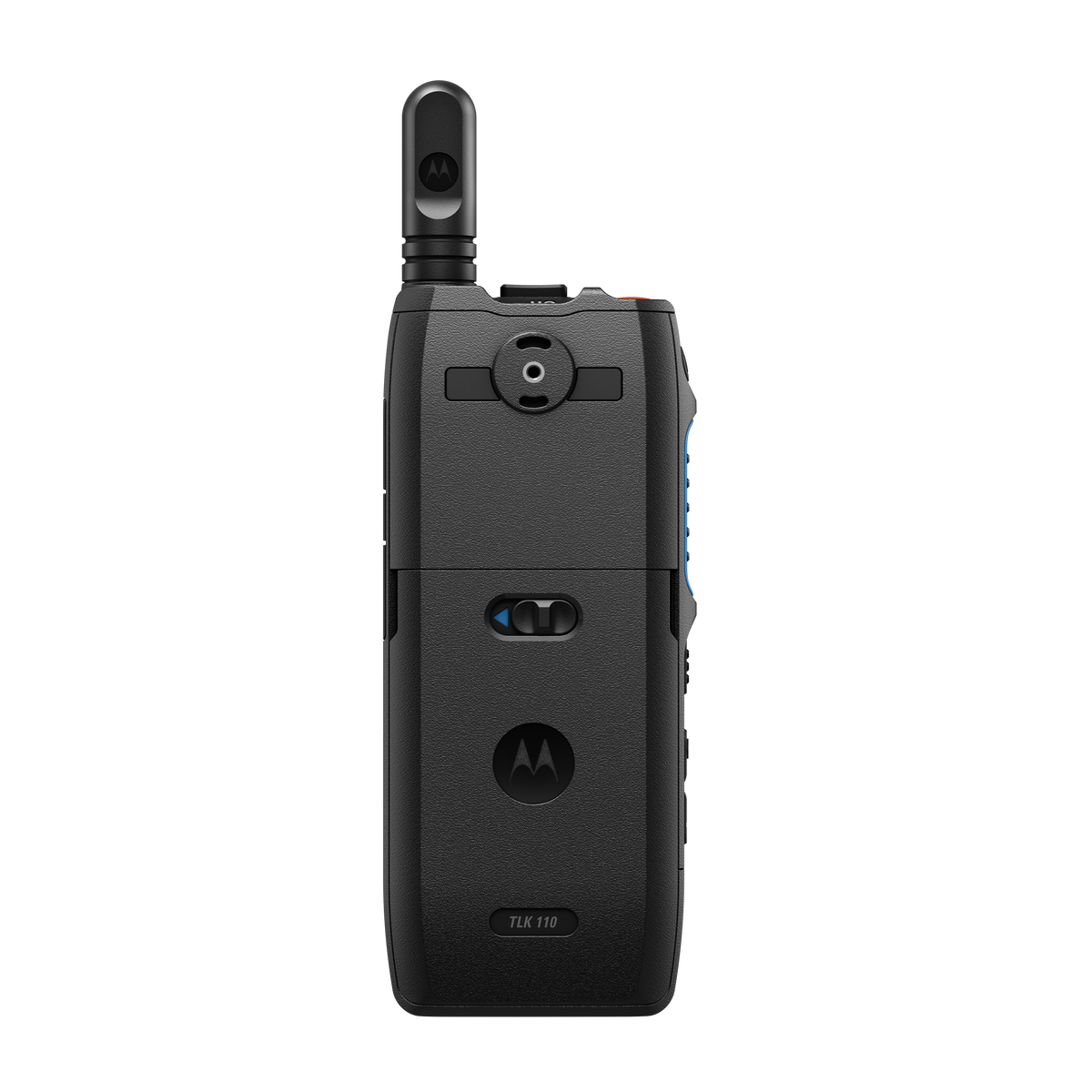 Motorola TLK 110 portable two-way radio, rear view