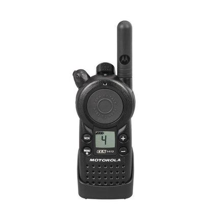 Motorola CLS1413 two-way radio, front view in holster