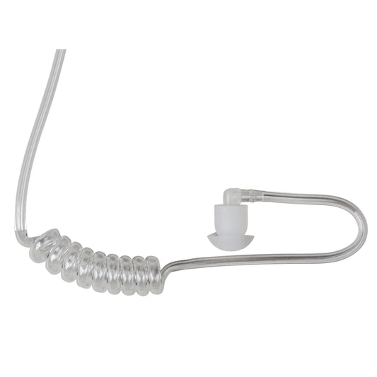 Clear acoustic tube with elbow, earbud and quick disconnect for two-way radio surveillance kits