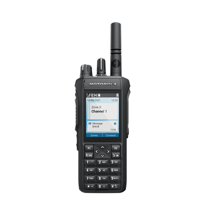 MOTOTRBO R7 full keypad portable two-way radio, three-quarter left view, alternate render