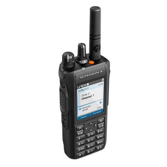 MOTOTRBO R7 full keypad portable two-way radio, three-quarter left view