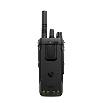 MOTOTRBO R7 portable two-way radio, back view with slim battery